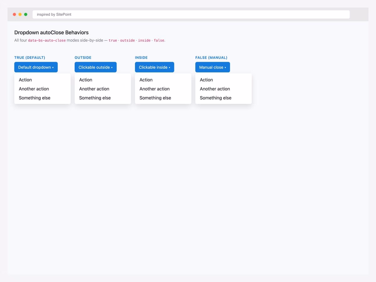 Four Bootstrap 5 dropdowns side-by-side demonstrating each data-bs-auto-close mode — true (default), outside, inside, false (manual)