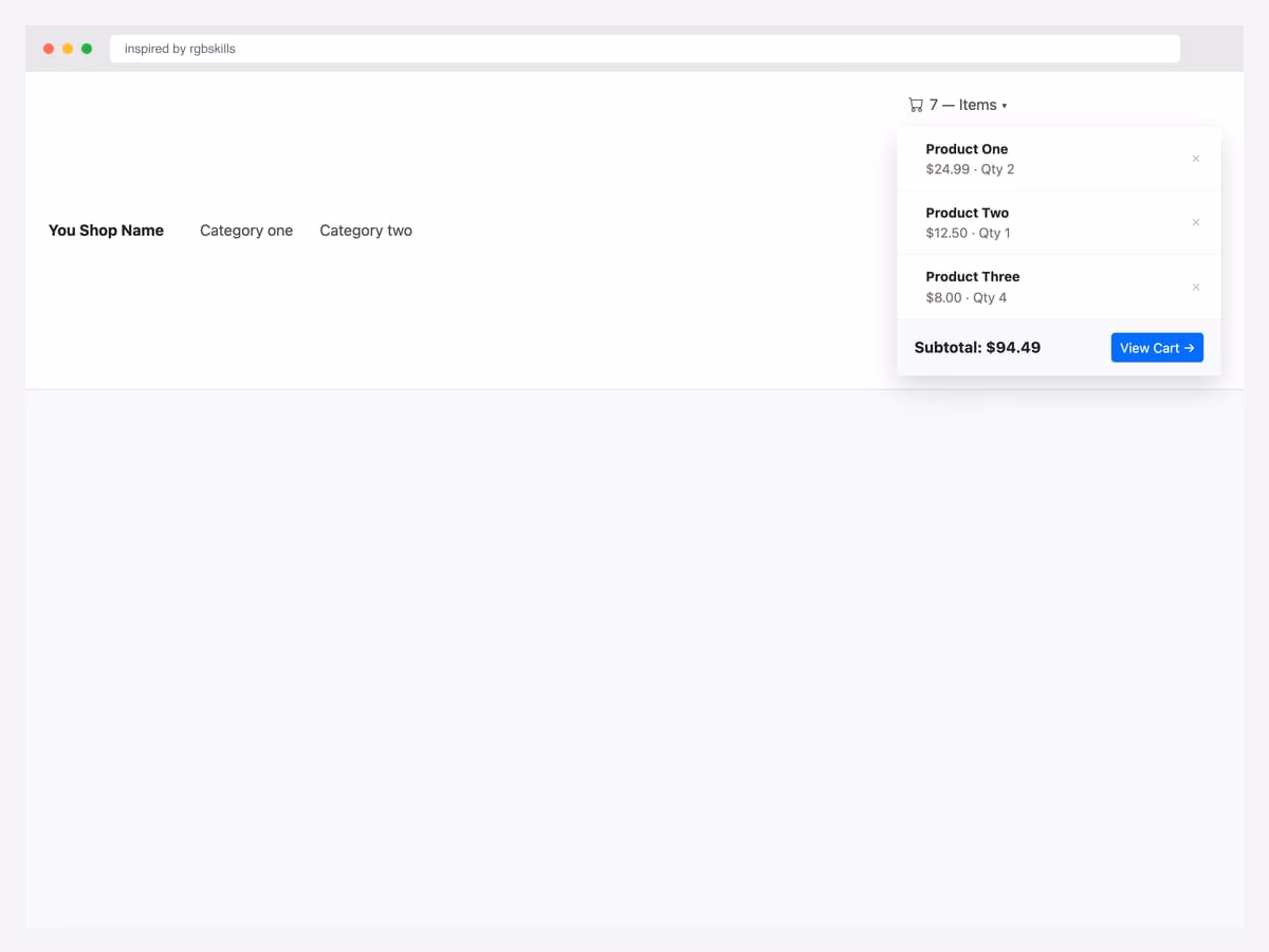 E-commerce navbar with an open cart dropdown showing three product line items with thumbnails, prices, remove buttons, and Subtotal + View Cart footer