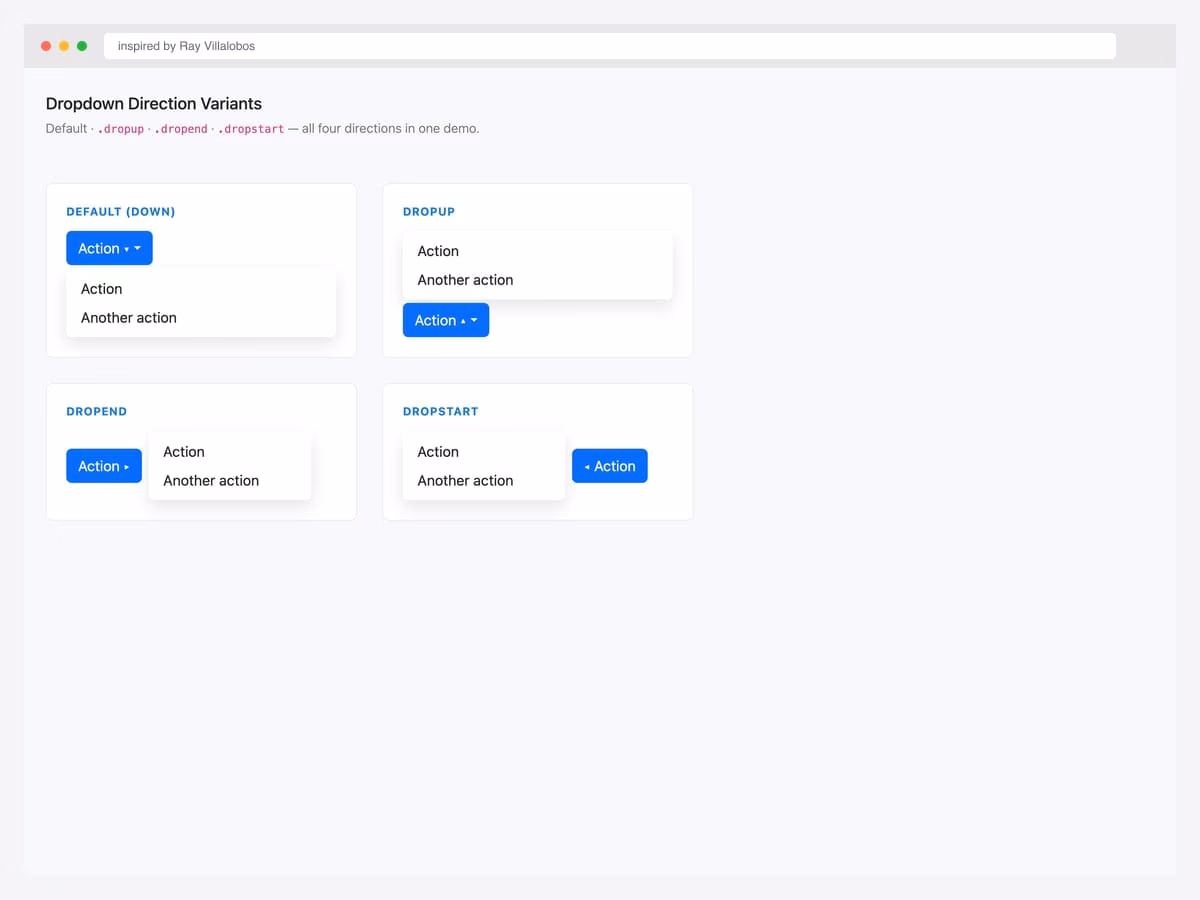 Bootstrap 5 dropdown direction variants — Default (down), Dropup, Dropend, and Dropstart — shown in a 2×2 grid of cards