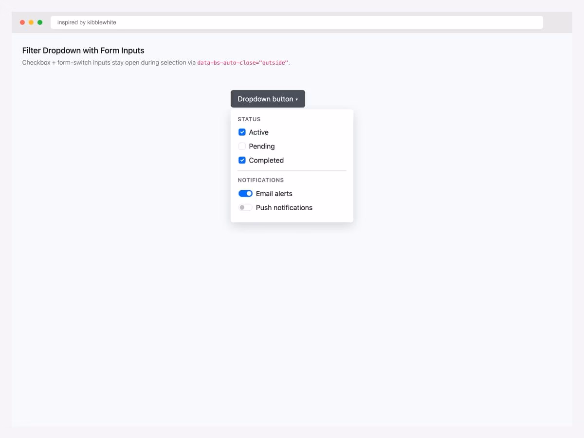 Filter dropdown with Status checkboxes (Active, Pending, Completed) and Notifications form switches (Email alerts, Push) — auto-close=outside pattern