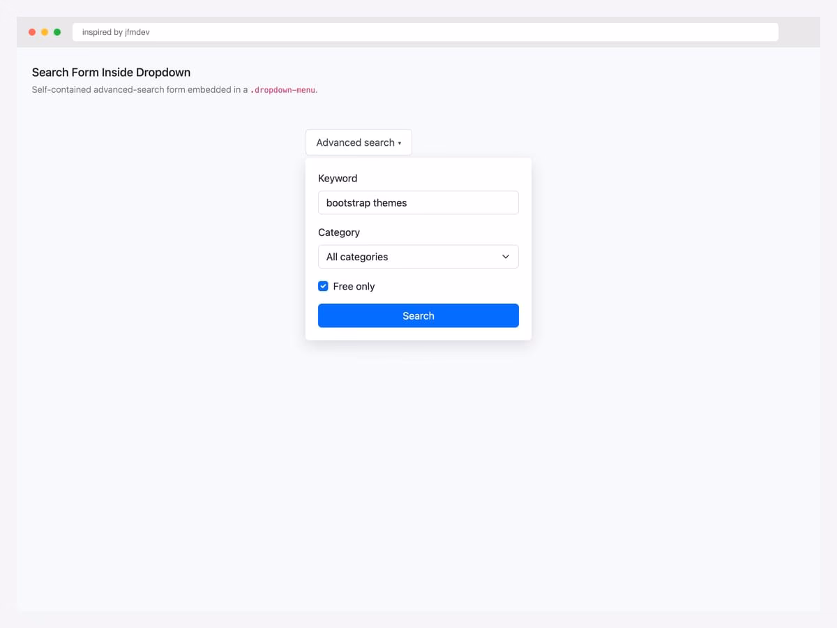 Bootstrap 5 dropdown containing an advanced search form with keyword input, category select, free-only checkbox, and Search button