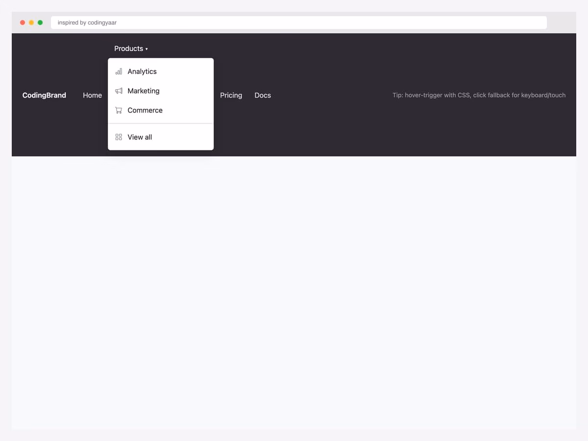 Bootstrap 5 dark navbar with a Products dropdown open showing Analytics, Marketing, and Commerce items with Bootstrap Icons