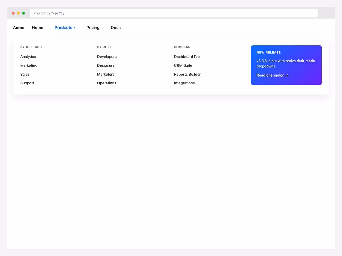 Bootstrap 5.3.8 white-themed navbar with a mega dropdown showing By Use Case, By Role, Popular product categories plus a gradient promo card