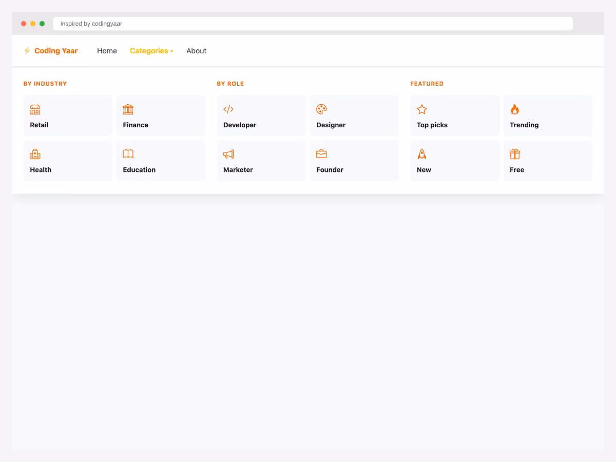 Mega menu with 4×3 icon-tile grid grouped into By Industry, By Role, and Featured columns — orange accent color