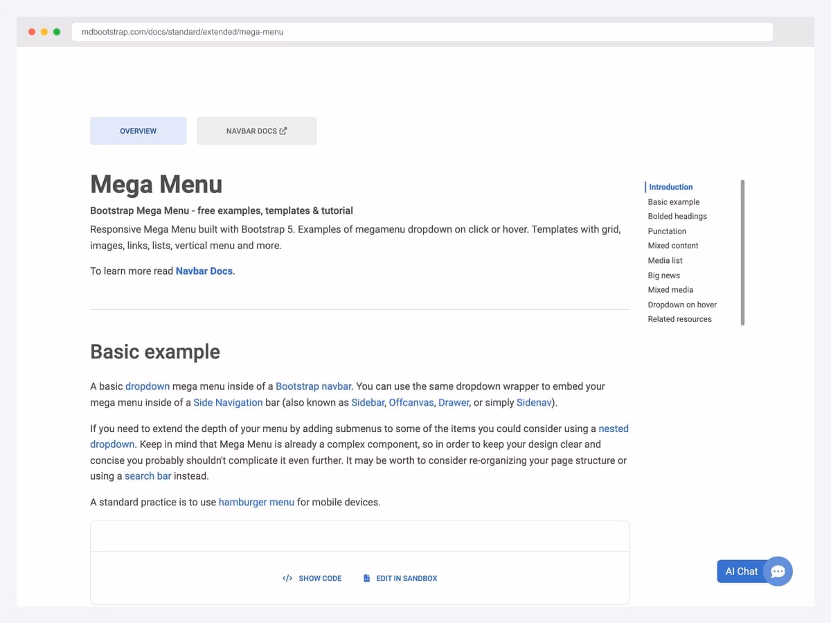 MDBootstrap mega menu documentation page introducing the responsive multi-column dropdown built on Bootstrap 5