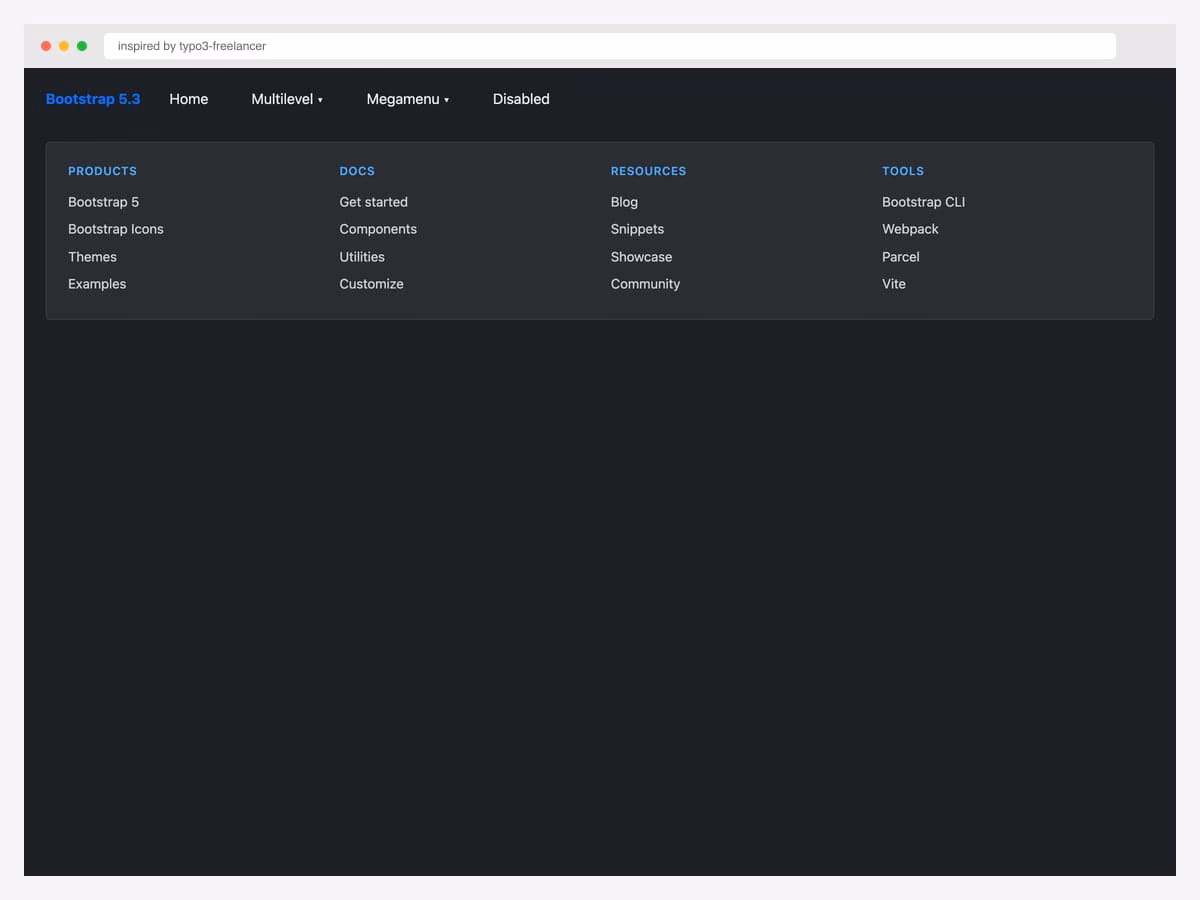 Bootstrap 5.3 dark-theme navbar with a four-column mega menu showing Products, Docs, Resources, and Tools categories with link lists