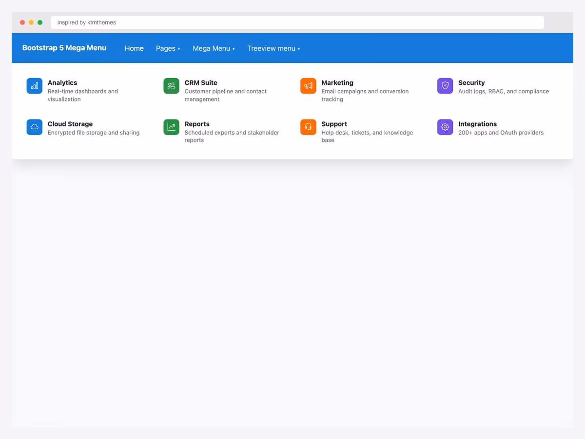 Bootstrap 5 mega menu under a blue navbar — eight rich items in two rows with colored icon tiles, bold titles, and one-line descriptions