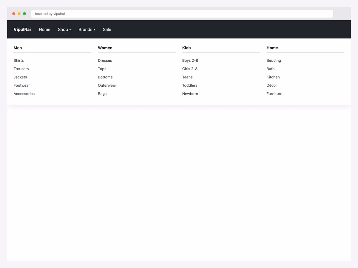 Multi-column mega menu with four product categories (Men, Women, Kids, Home) — each column lists five subcategories with hover-blue links