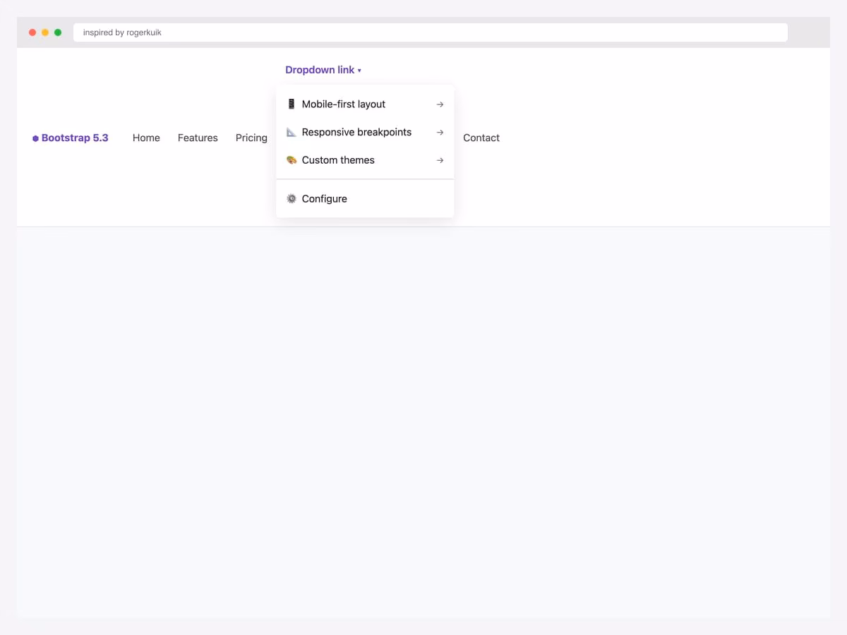 Bootstrap 5.3 navbar with a multilevel responsive dropdown showing Mobile-first layout, Responsive breakpoints, and Custom themes with right-arrow indicators
