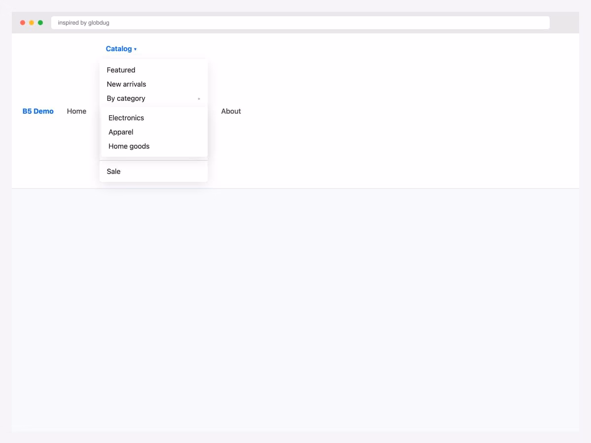 Bootstrap 5 navbar with a Catalog dropdown showing nested By Category submenu opening to the right with arrow indicators