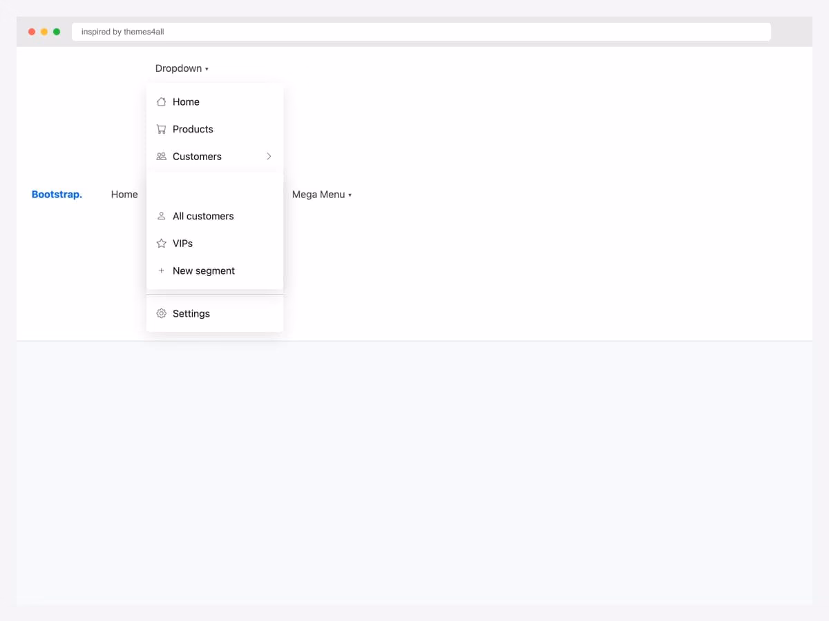 Bootstrap 5 white-theme navbar with nested dropdown — Dropdown menu containing Home, Products, Customers with right-flying submenu, and Settings