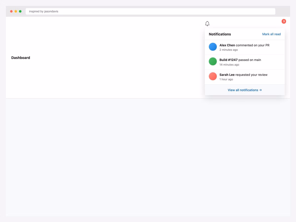 Notification bell dropdown with red 3-badge, showing recent activity items (Alex Chen PR comment, Build 1247 passed, Sarah Lee review request) and View all footer