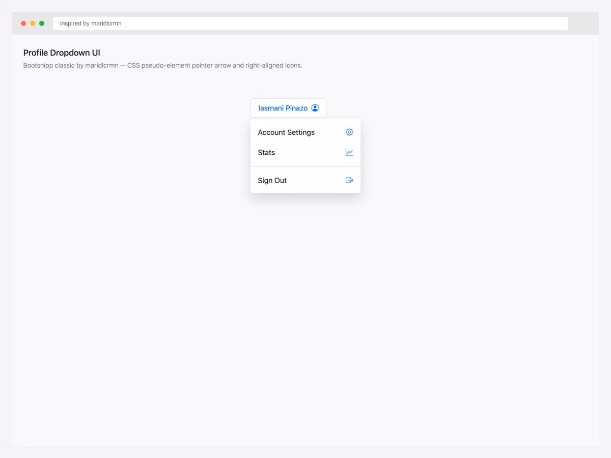 Bootsnipp-style profile dropdown by maridlcrmn with a CSS pseudo-element pointer arrow and right-aligned icons next to Account Settings, Stats, Sign Out