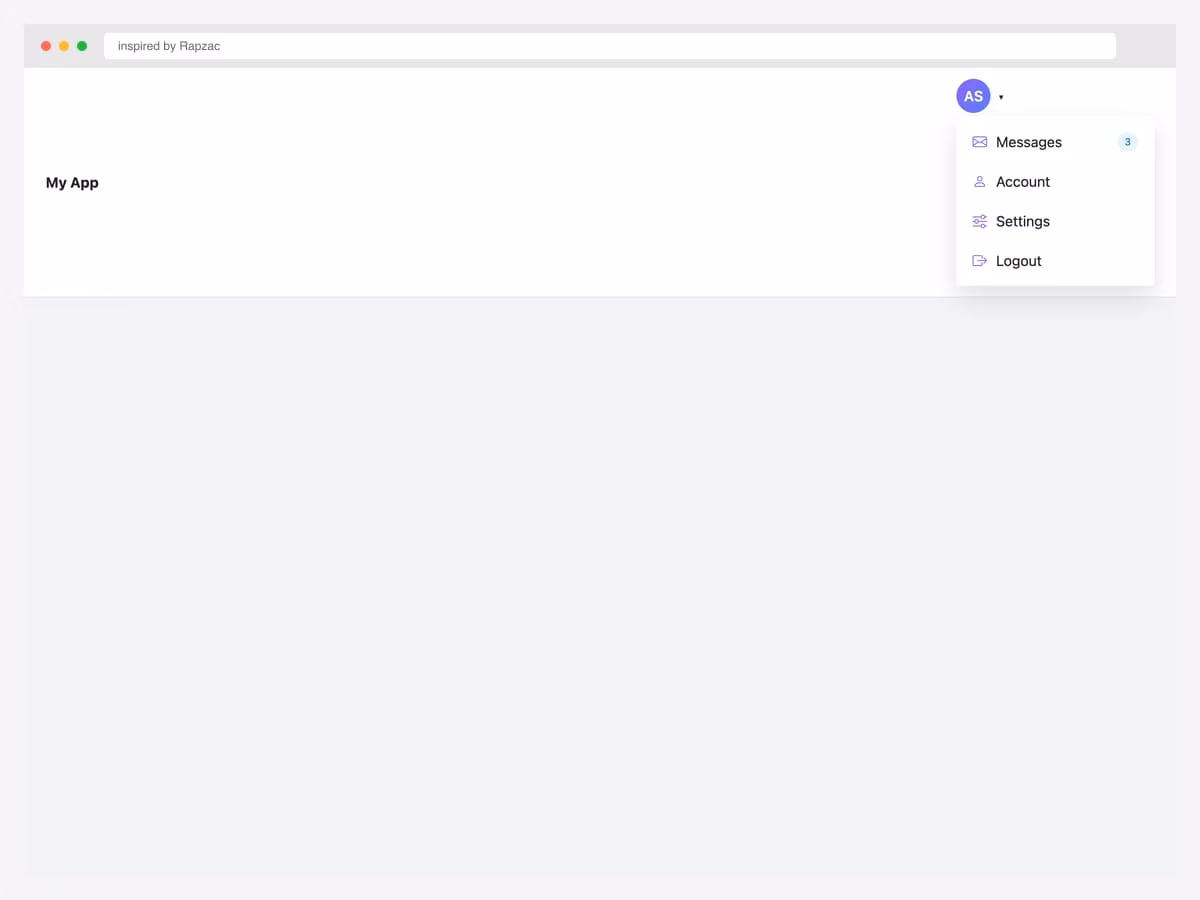White navbar with an animated profile dropdown showing Messages with badge, Account, Settings, and Logout — purple accent color