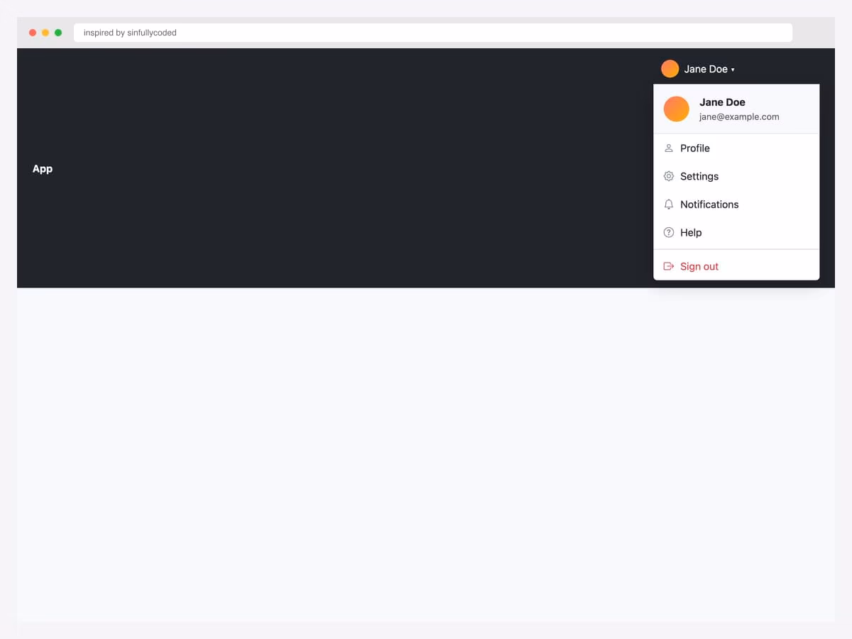 Bootstrap user profile dropdown attached to a dark navbar — avatar, Jane Doe header with email, Profile, Settings, Notifications, Help, Sign out