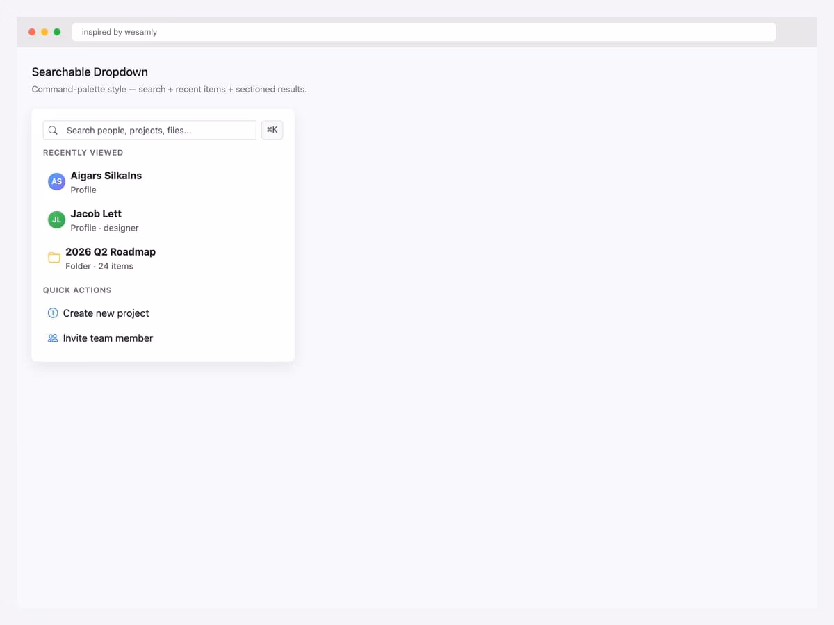 Searchable command-palette dropdown with a search input, recently viewed people and folders, and quick action buttons in Bootstrap 5.3