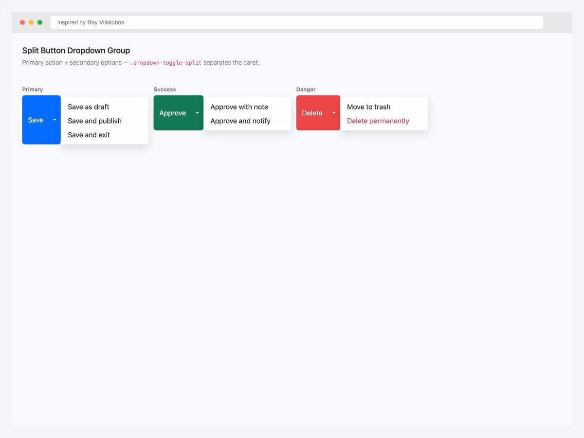 Three split-button dropdown groups in Bootstrap 5 contextual variants — Primary (Save), Success (Approve), and Danger (Delete) — with caret toggle and action menu