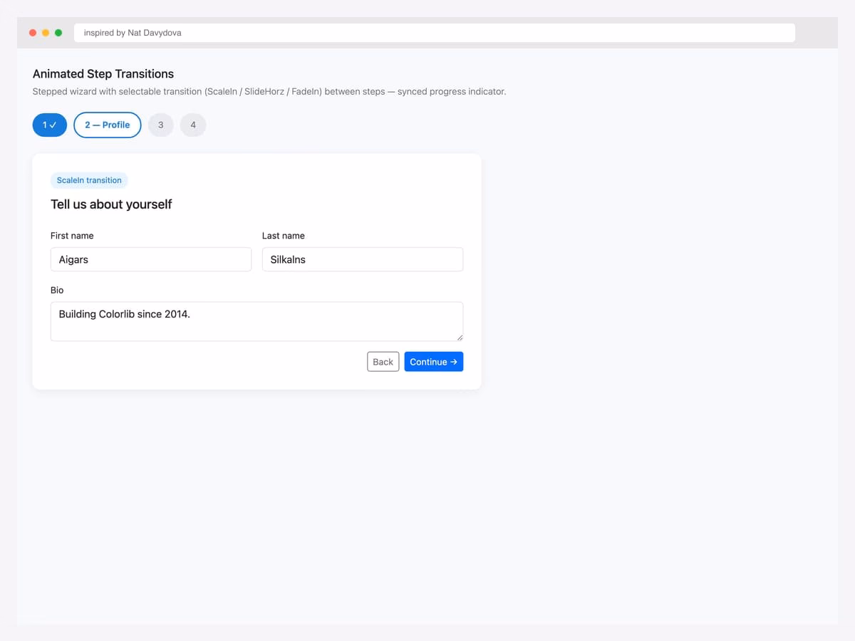 Animated step transitions — wizard with selectable ScaleIn, SlideHorz, FadeIn transitions between steps synced with progress indicator