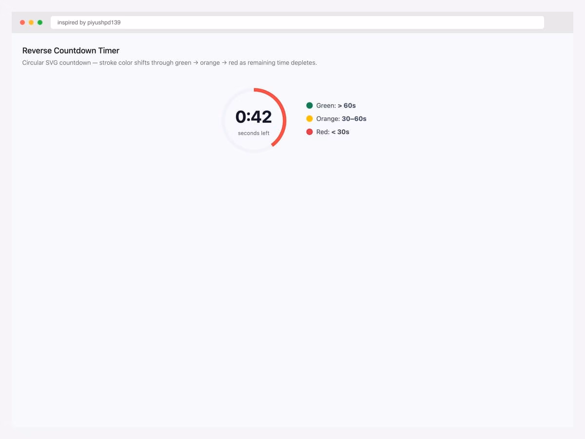 Reverse countdown timer — circular SVG with stroke color transitioning green to orange to red as remaining time depletes