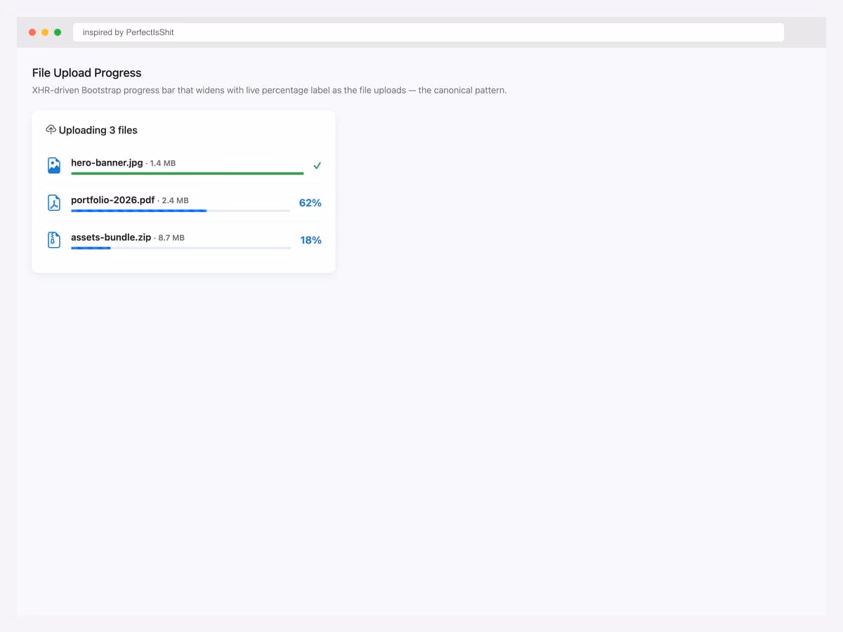 File upload progress — XHR-driven Bootstrap progress bar widening with live percentage label as the file uploads to server