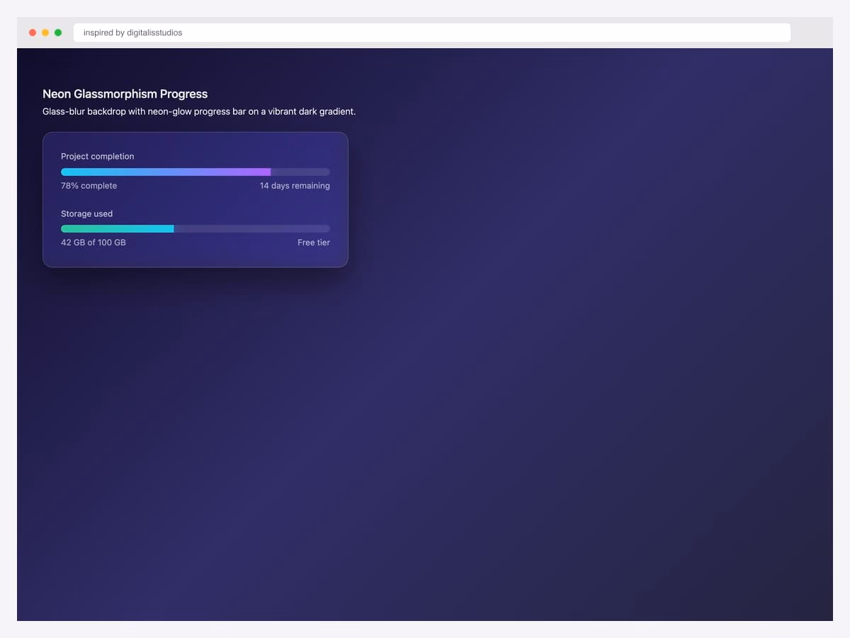 Neon glassmorphism progress bar — frosted glass backdrop with vibrant neon-purple progress fill glowing on a dark productivity-tool background