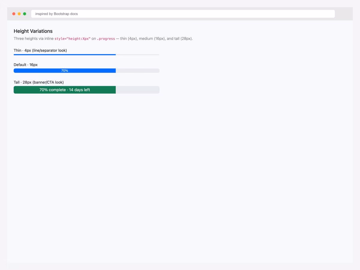 Three height variations — thin 4px, medium 16px, and tall 28px Bootstrap progress bars demonstrating size customization via inline styles
