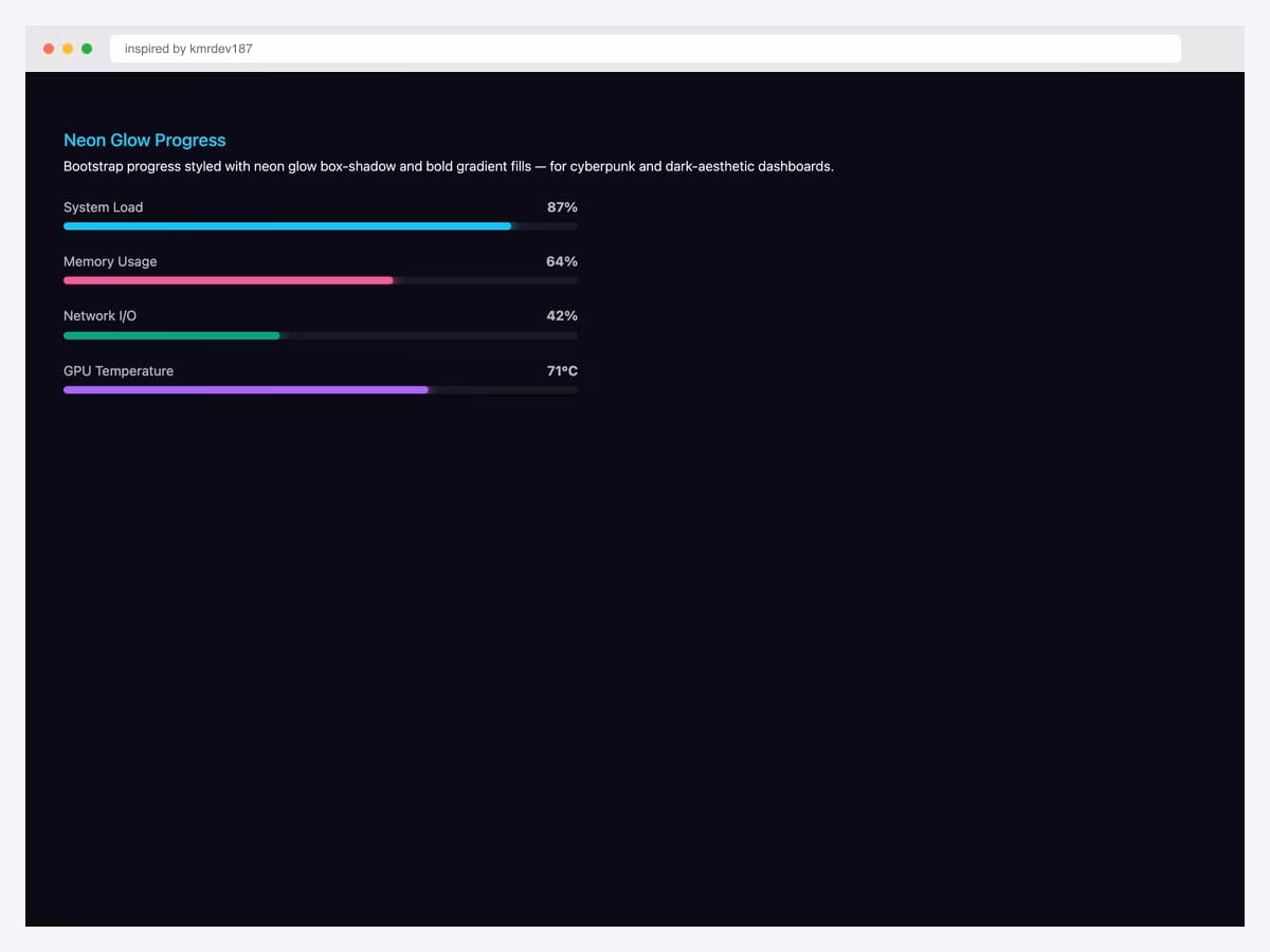 Neon glow progress bar — native HTML progress element styled with neon glow box-shadow and gradient fill on dark background