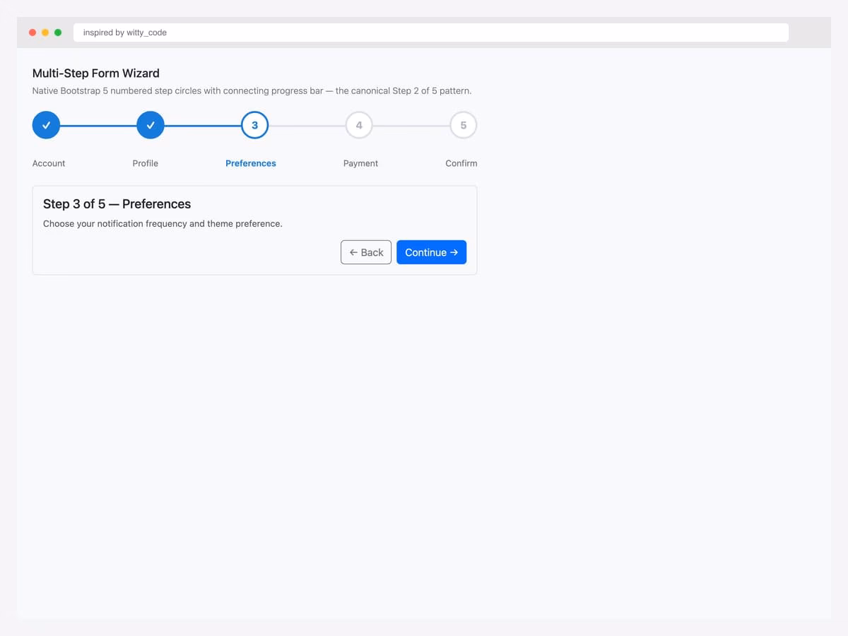 Multi-step form wizard — five numbered circular step indicators connected by a horizontal progress bar showing current position