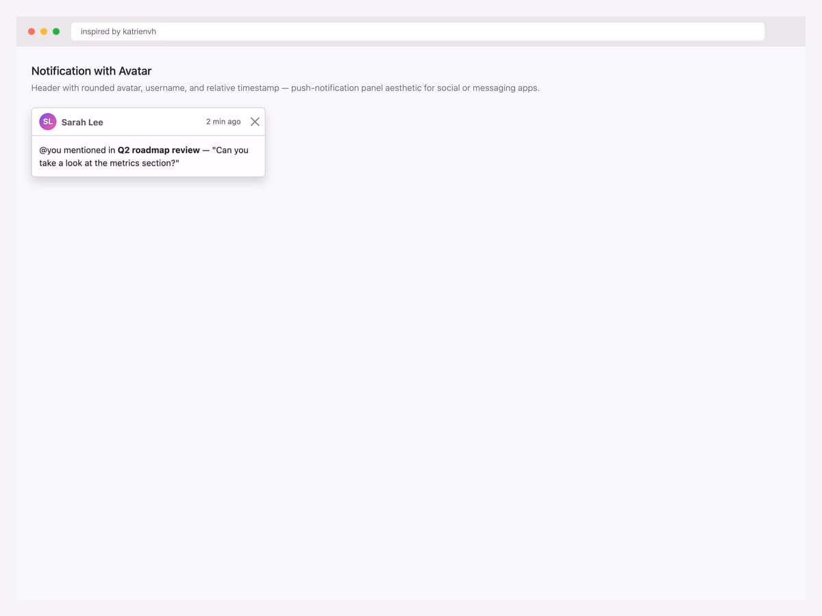 Bootstrap 5 notification toast with avatar — purple-pink gradient circle showing initials "SL", username "Sarah Lee", "2 min ago" timestamp