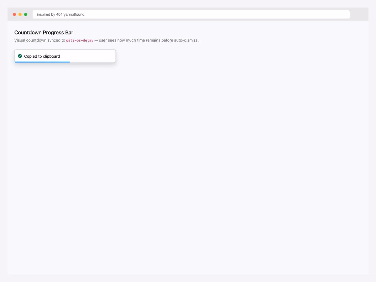 Bootstrap 5 toast with countdown progress bar — check icon, "Copied to clipboard" message, and a blue gradient progress bar at the bottom