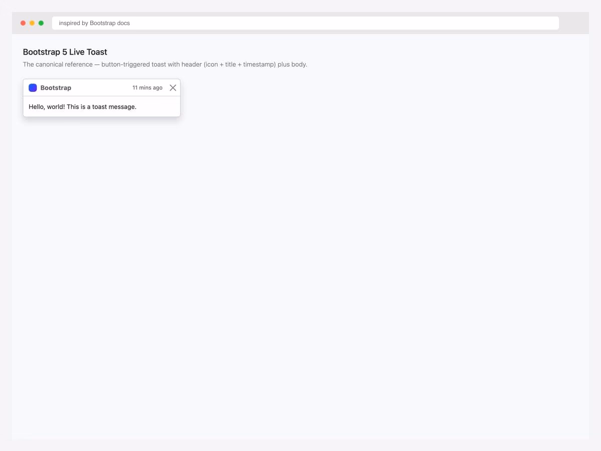 Bootstrap 5 live toast — header with brand icon, title, "11 mins ago" timestamp, dismiss button, and body message "Hello, world!"