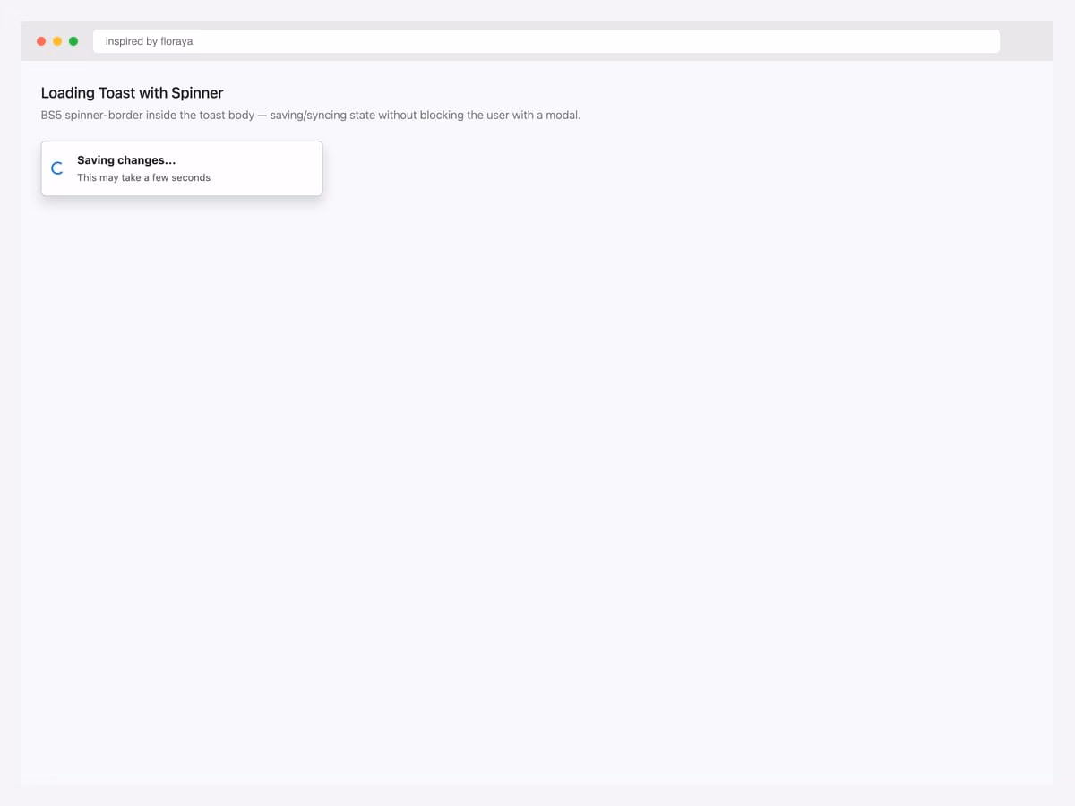 Bootstrap 5 loading toast with a blue spinner-border indicator and "Saving changes..." status text