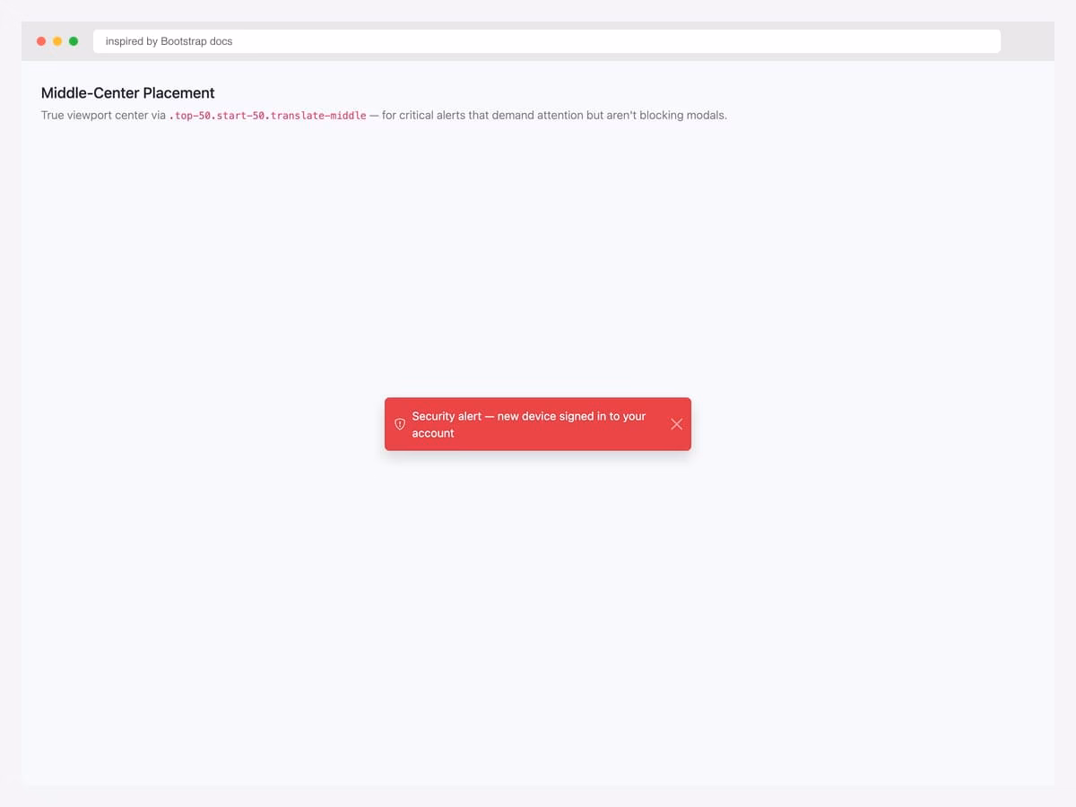 Middle-center placement — red danger toast centered in the viewport with "Security alert — new device signed in to your account" message