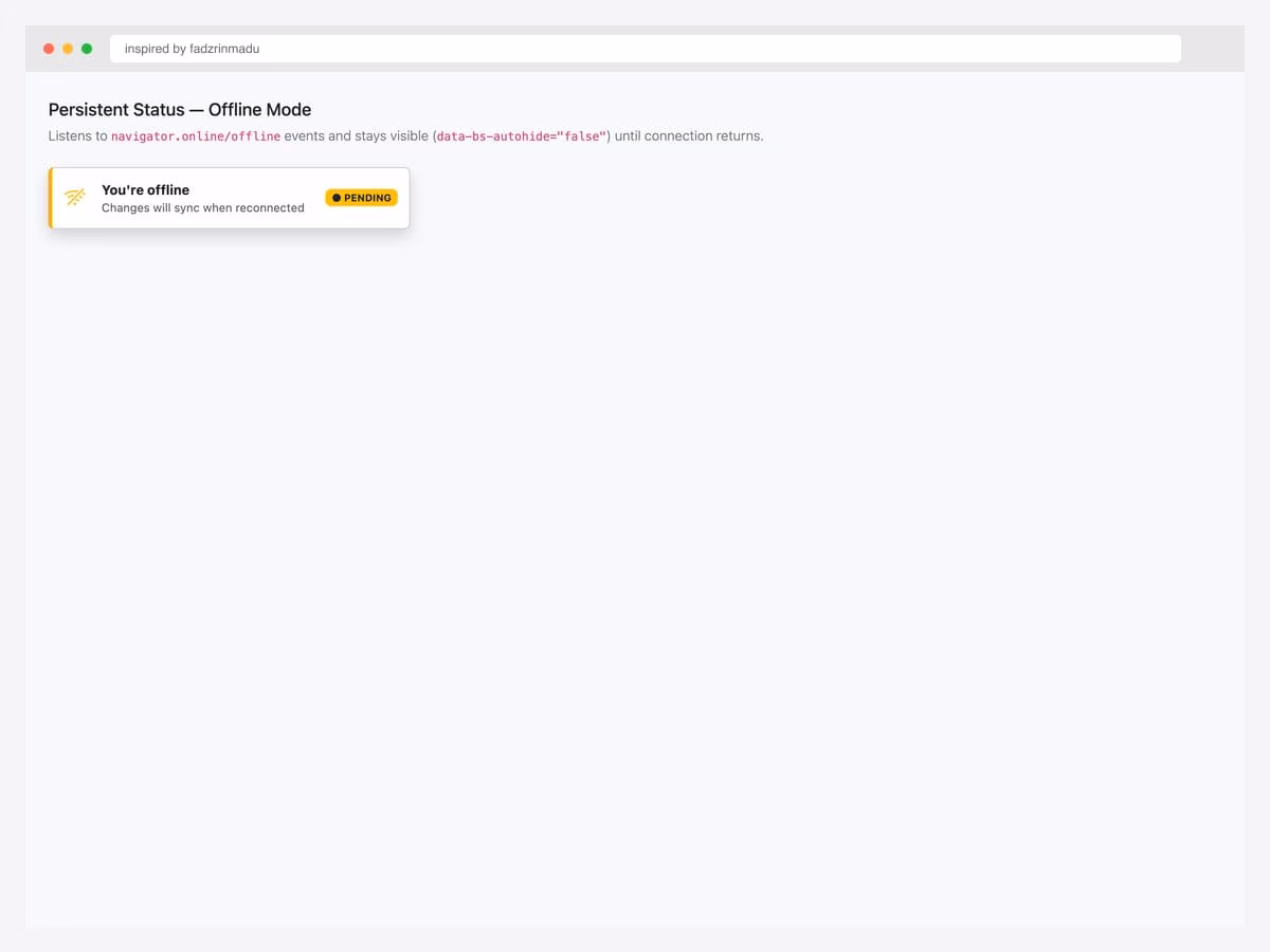 Persistent offline status toast with WiFi-off warning icon, "You're offline" header, "Changes will sync when reconnected" subtext, and PENDING badge