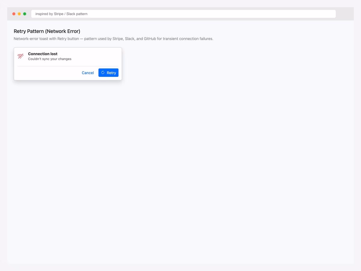 Bootstrap 5 network-error toast with WiFi-off icon, "Connection lost" header, Cancel and Retry buttons separated by a border-top divider