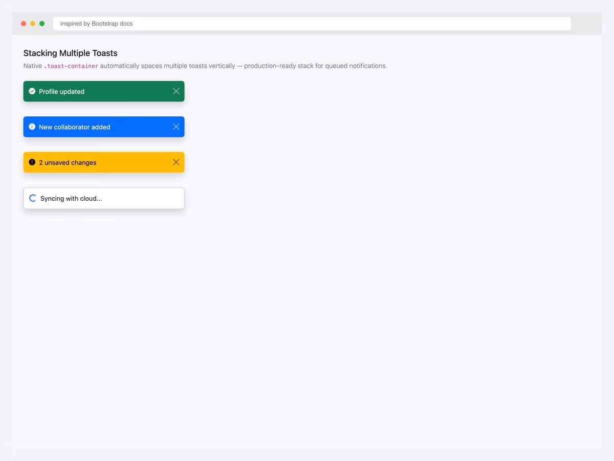 Stack of four Bootstrap 5 toasts — green Profile updated, blue New collaborator, yellow 2 unsaved changes, and white Syncing with spinner