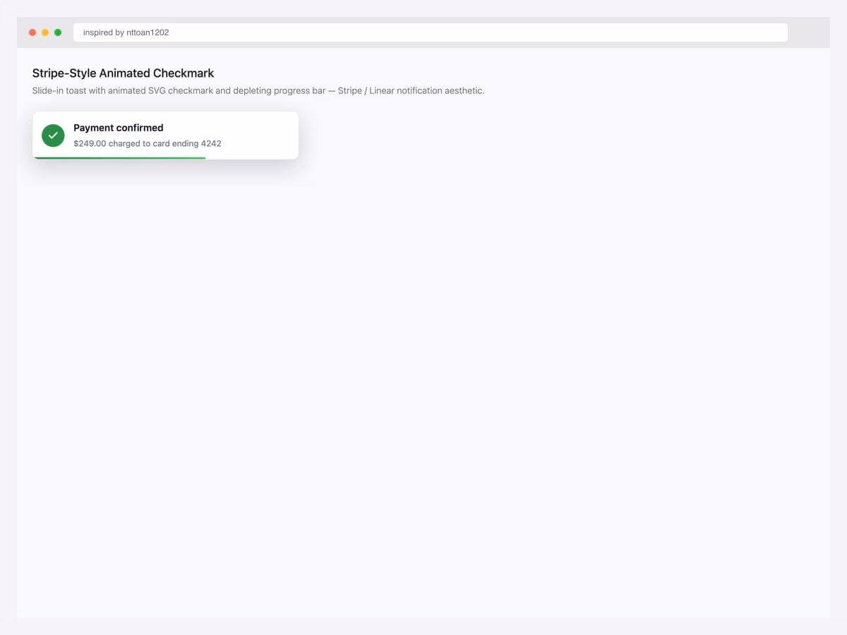 Stripe-style toast notification with a green circular checkmark, "Payment confirmed" header, $249.00 subtext, and a green progress bar