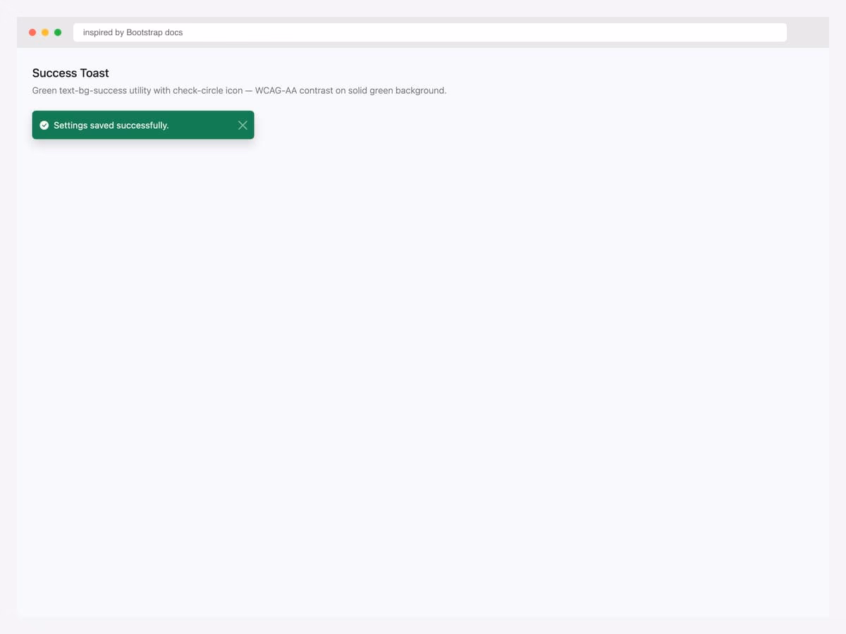 Green Bootstrap 5 success toast with check-circle icon and "Settings saved successfully" message — text-bg-success utility class