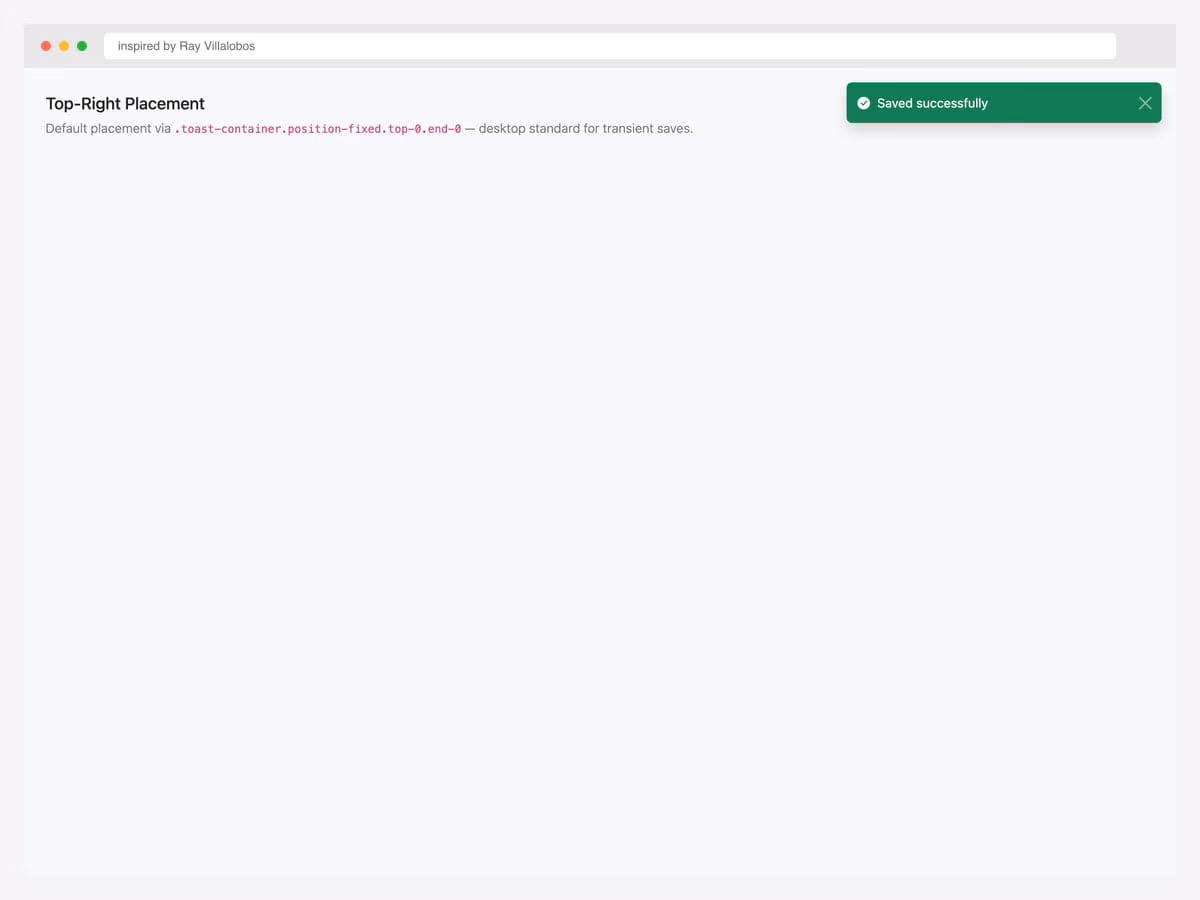 Top-right placement demo — green success toast docked to the upper-right corner of the viewport