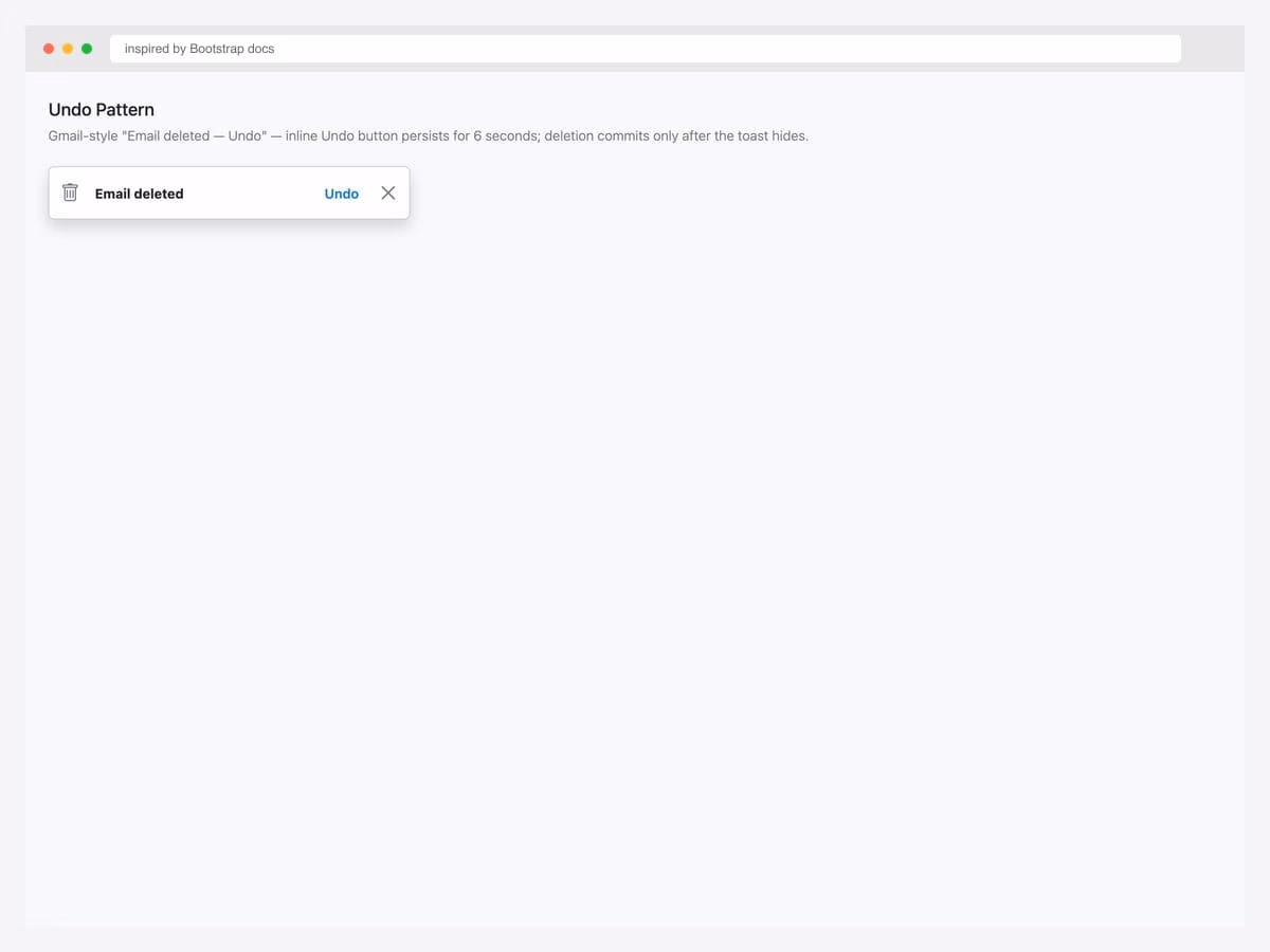Gmail-style undo toast — trash icon, "Email deleted" message, inline blue Undo link, and dismiss button