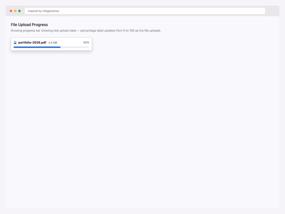 File upload progress toast — PDF icon, file name "portfolio-2026.pdf" at 2.4 MB, 62% percentage label, and a Bootstrap progress bar
