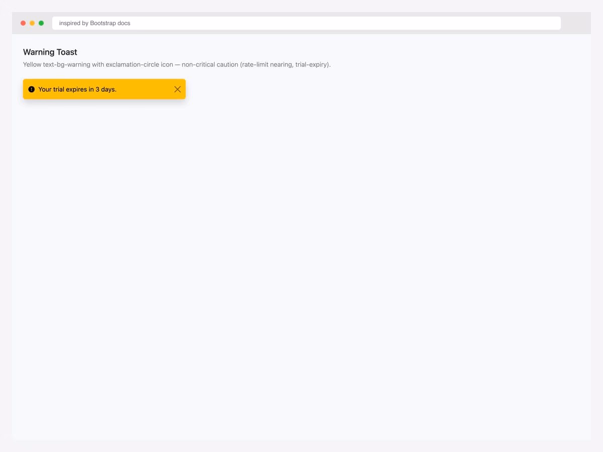 Yellow Bootstrap 5 warning toast with exclamation-circle icon and "Your trial expires in 3 days" message