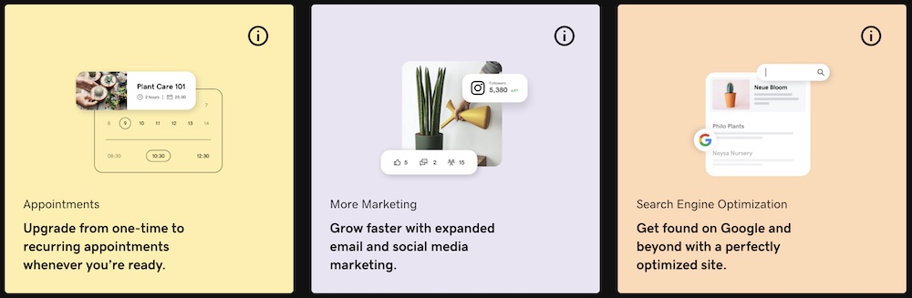 GoDaddy advanced functionality like appointment booking, social media marketing and more. 