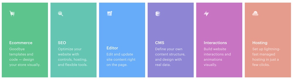 Webflow - main features include ecommerce, SEO, CMS and hosting