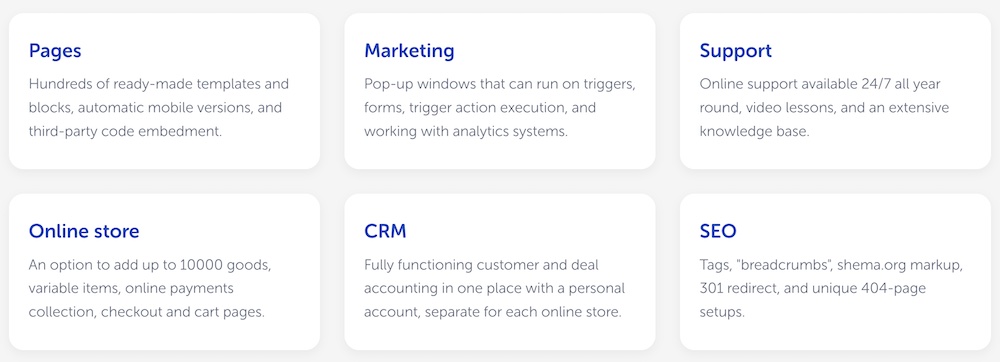 Weblium - page builder features such as CRM, online store, SEO, etc