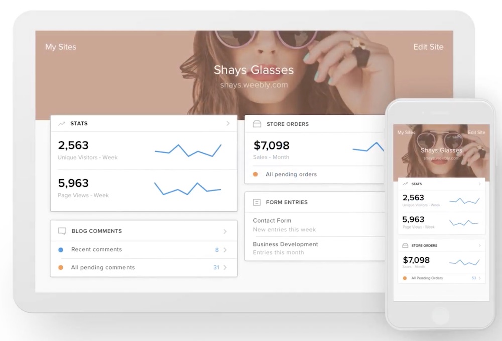 Weebly admin dashboard for stats and site editing